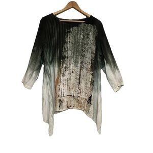 Art Of Cloth Blouse Artsy Green Earthy Asymmetrical Hem 3/4 Sleeve Size M